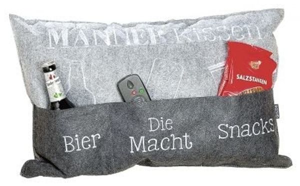 Männerkissen hellgrau/dunkelgrau mit Taschen, bestickt