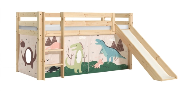 Kinderbett mit Rutsche Karolina Massivholz Natur Textilset Dino