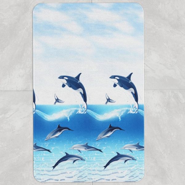 Ekershop Badematte Delfin im Meer Badteppich Badvorleger für Dusche WC Duschvorhang, rutschhemmend beschichtet, fußbodenheizungsgeeignet, schnell trocknend, Polyester, 50 cm x 60 cm, Delphine
