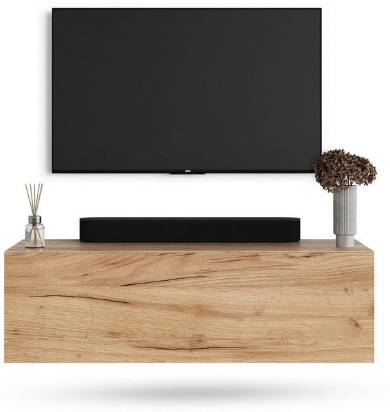 Planetmöbel TV Board 100 cm Gold Eiche, TV Schrank mit 1 Klappe als Stauraum, Lowboard hängend oder stehend, Sideboard Wohnzimmer