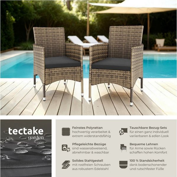 tectake Rattanstuhl 2er Set Rattanstuhl (Set, 2 St), Polsterbezüge in Beige und Grau