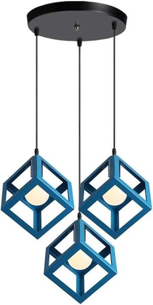 iDEGU 3-flammige Pendelleuchte im Vintage-Stil – Geometrisches Wurfel-Design, Deckenleuchte aus Metall – Geeignet fur Schlafzimmer, Wohnzimmer, Esszimmer, Küche – 16 cm, Blau [Energieeffizienzklasse A]