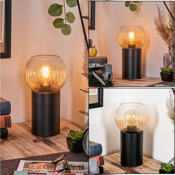 hofstein Tischleuchte Tischlampe aus Metall/Riffelglas in Schwarz/Bernsteinfarben/Klar, ohne Leuchtmittel, Leuchte im Retro/Vintage-Design mit Glasschirm (15 cm), 1 x E27