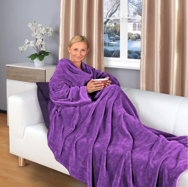 Wohndecke flauschige, tragbare Kuscheldecke mit Ärmeln und Fußtasche, Gräfenstayn, warme Ärmeldecke - TV Decke zum Anziehen - 180x150cm lila