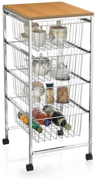 CARO-Möbel Servierwagen RONJA, Küchenwagen auf Rollen mit 4 Körben und Ablageplatte, chrom/holz
