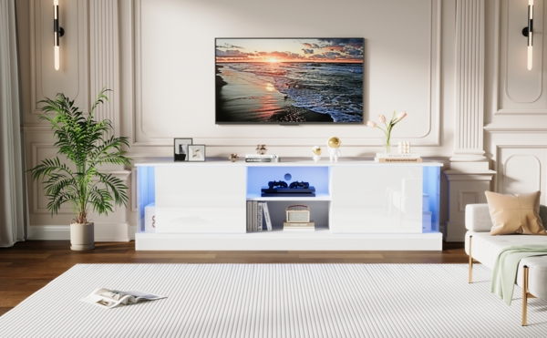 HAUSS SPOLE Lowboard Hochglanz-TV-Schrank, für bis 70 Zoll, mit LED-Beleuchtung Weiß (Fernsehtisch, Wohnzimmermöbel, Fernsehschrank, 1 St), für Fernseher bis 70 Zoll