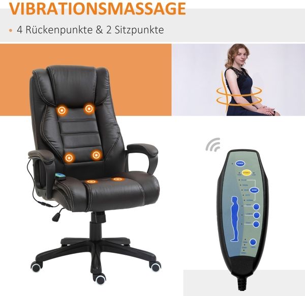 Bürostuhl mit Bonded-Leder-Bezug, 6-Punkte-Massage & Wippfunktion, 64x74x112-120 cm, Braun Bild 7