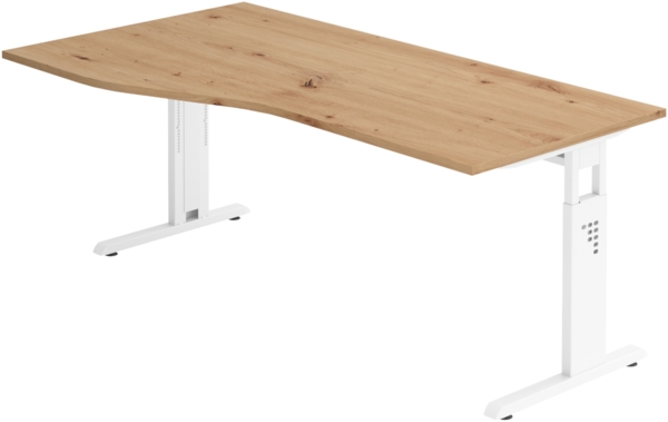 bümö höhenverstellbarer Schreibtisch O-Serie 180x100 cm in Asteiche, Gestell in weiß - großer PC Tisch für's Büro manuell höhenverstellbar, Computertisch verstellbar, OS-18-R-W
