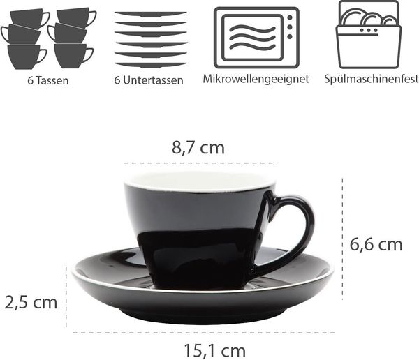 Gastro Spirit Espressotasse 12-teiliges Espressodoppio-Tassen Set 180 ml schwarz, Porzellan, 12-teiliges Set, 180 ml