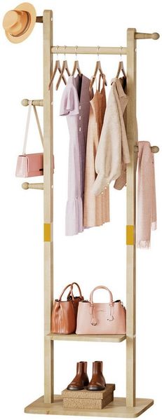 Yorbay Kleiderständer Garderobenständer aus Massivholz mit Ablagebrettern & Haken, Offener Kleiderschrank für Flur, Schlafzimmer