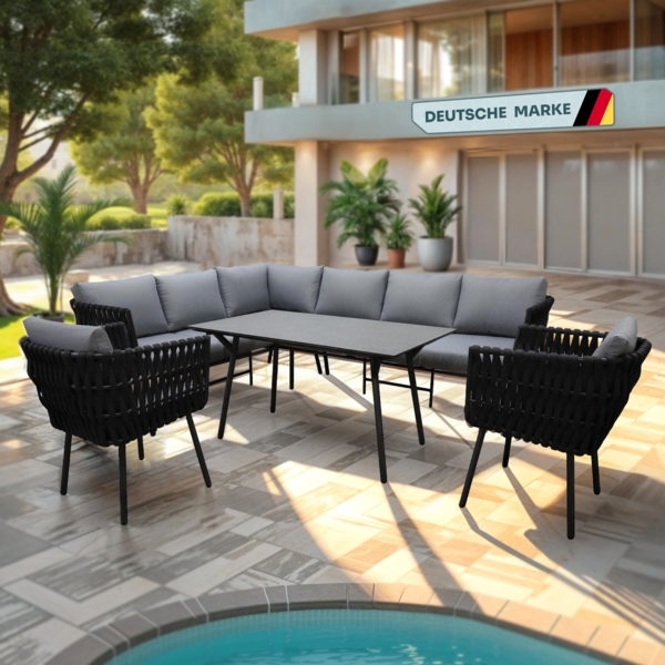 Gardissimo Gartenlounge-Set Abby Rope Gartenmöbelset, (Set, 4-tlg, Alu, Ecklounge, Esstisch, 2 Sessel, inkl. Auflagen), wetterfest / Bezüge waschbar / Aluminium