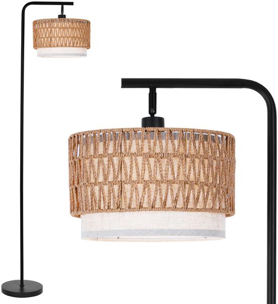 LuminexDesigns Rattan Stehlampe Boho für Wohnzimmer, Vintage Rustic E27 Stehleuchte Schlafzimmer mit Doppel-Lampenschirm, 173 cm Hoch, Schwarz, Schwer Standfuß, Verstellbarer Lampenkopf, Fußschalter