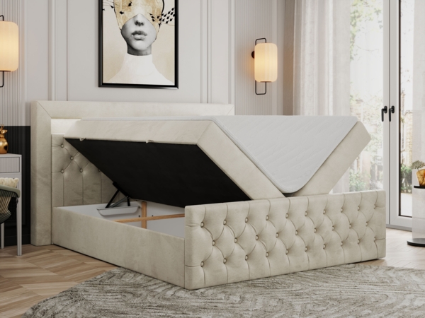 Boxspringbett, Stauraumbett mit Bettkasten, LED - GOLD-9 - 200x200cm - Beige Velours - H4 Bild 2