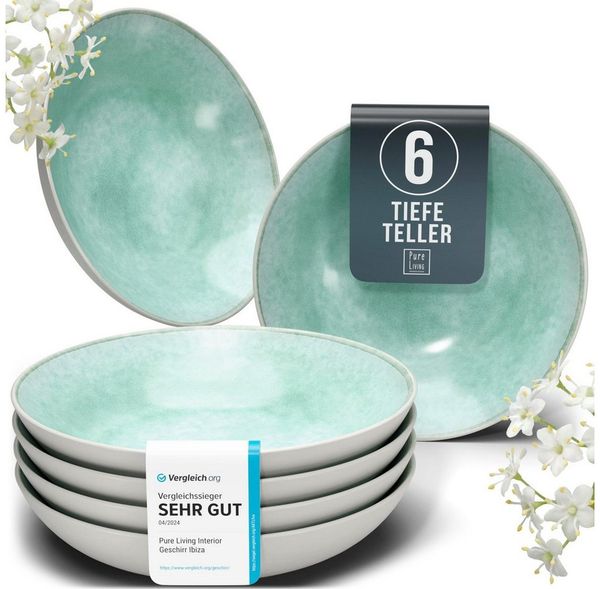 PURE LIVING INTERIOR DESIGN Geschirr-Set Pure Living Suppenteller 6er 20cm »Ibiza«, Steingut, Türkis, 6 Personen, Steingut, Mediterrane Handwerksoptik, Reaktive Glasur – jedes Stück einzigartig…