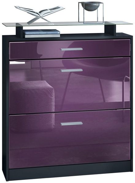 Vladon Schuhschrank Loret, Schuhkipper für 16 Paar Schuhe mit 2 Klappen und 1 Schublade und Glasablage, Schwarz matt/Brombeer Hochglanz (89 x 104 x 23 cm)