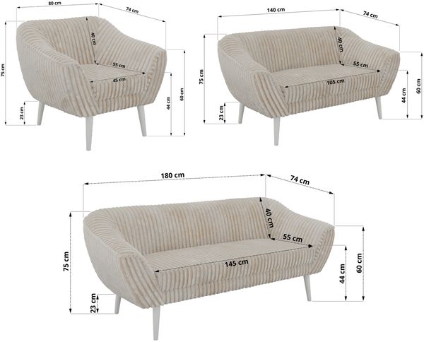 Wohnzimmerset PIRS 1-2-3, Skandinavisches Komplettset, Wellenfederung, weiße Füße, Sitzgruppe, Möbelset - Beige Cord Bild 5