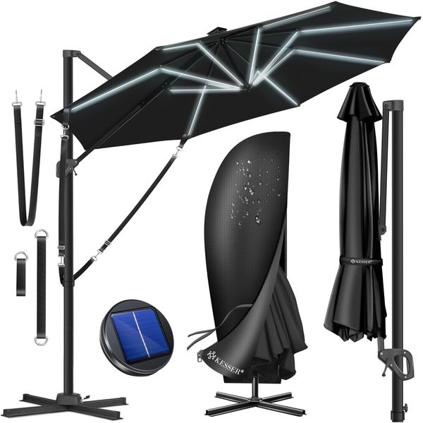 KESSER® Sonnenschirm Ampelschirm Sun Rund XL, Schwarz, Mit LED