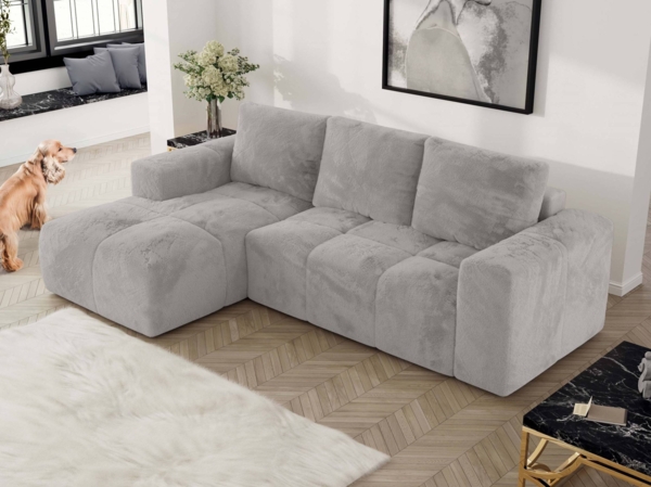 Ecksofa mit Schlaffunktion und Bettkasten, L-form Couch, lose Kissen, Polstersofa - MONIVA - Hellgrau Plüsch - linke Seite Bild 3