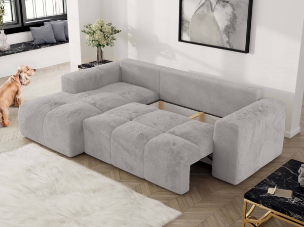 Ecksofa mit Schlaffunktion und Bettkasten, L-form Couch, lose Kissen, Polstersofa - MONIVA - Hellgrau Plüsch - linke Seite Bild 5