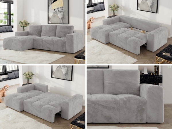 Ecksofa mit Schlaffunktion und Bettkasten, L-form Couch, lose Kissen, Polstersofa - MONIVA - Hellgrau Plüsch - linke Seite Bild 2