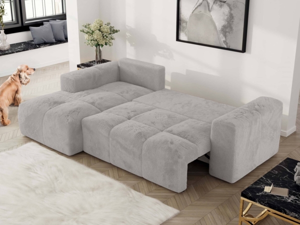 Ecksofa mit Schlaffunktion und Bettkasten, L-form Couch, lose Kissen, Polstersofa - MONIVA - Hellgrau Plüsch - linke Seite Bild 4