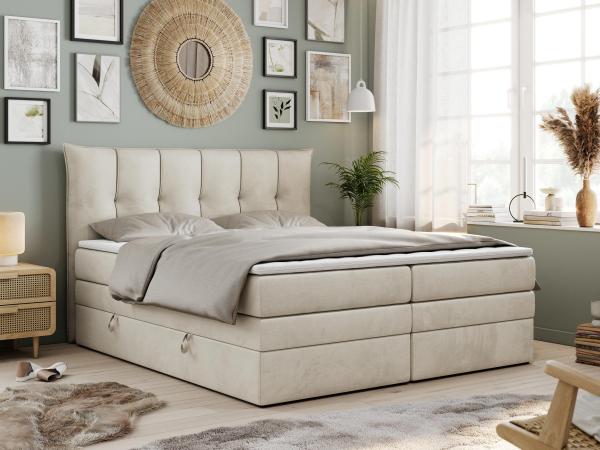 Boxspringbett 7-Zonen Taschenfederkernmatratze und Topper - PREMIUM-10-KING - 180x200cm - Beige Velours - H3