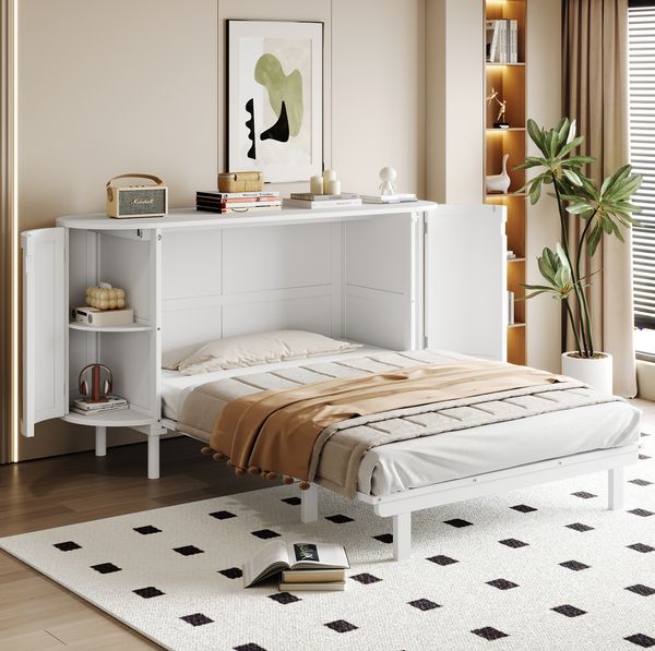Merax Schrankbett 140 x 200 cm, Holzbett, Jugendbett, Wandbett mit Lattenrost, Wandklappbett, vertikales schrankbett mit Lattenrost, mit Staufächern, Rattan-Design, Weiß
