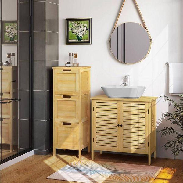 EUGAD Badkommode (1 St), Badezimmerschrank schmal, mit 3 Schubladen, aus Bambus