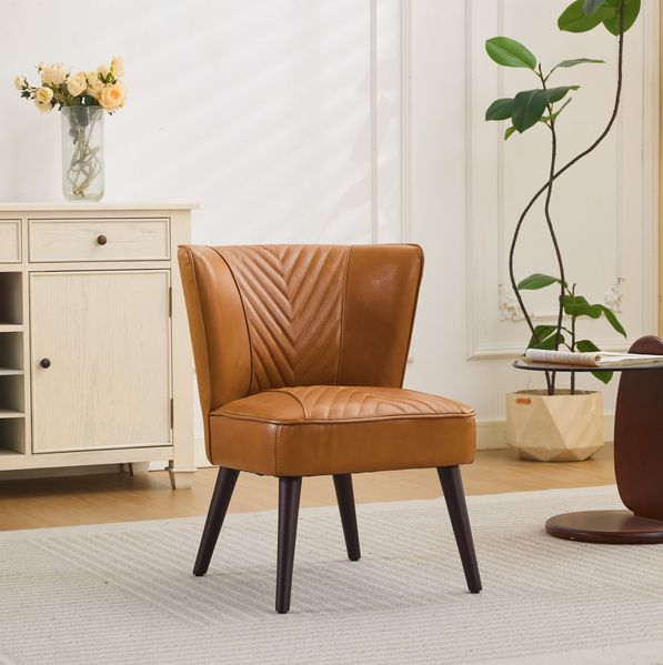 Einzelstuhl 56x62x76 cm aus Top-Grain-Leder in Hellbraun mit Diagonal-Steppung und Massivholzgestell