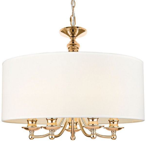 Licht-Erlebnisse Pendelleuchte HALDEN, ohne Leuchtmittel, Stoff Metall D: 50 cm rund höhenverstellbar 5x E14 in Gold Weiß
