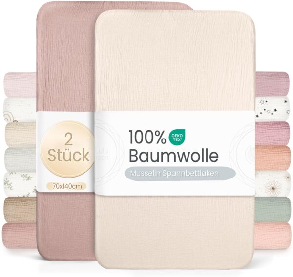 lulumoon 2er Set Kinder Spannbettlaken, Musselin-Baumwolle Spannbetttuch für Babybett und Kinderbett 60x120cm / 70x140cm Reisebett Spannlaken Beistellbett Leintücher (Creme Sand)