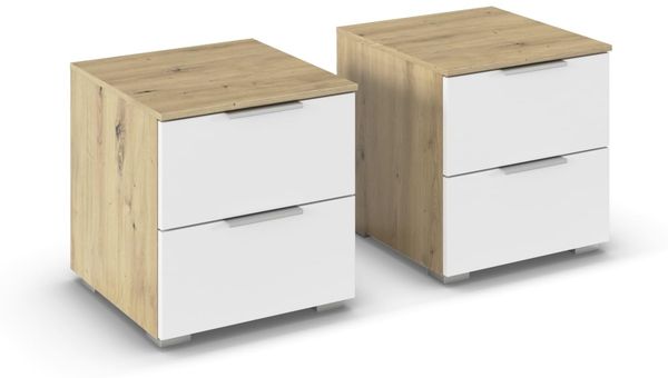 Rauch Möbel Alabama, Nachttisch-Paar für Schlafzimmer, Kinderzimmer, Gästezimmer, mit je 2 Schubladen, Soft-Close-Funktion, Farbe Weiß/Eiche Artisan, Holz, Griff Alufarben, Maße 40 x 42 x 42 cm