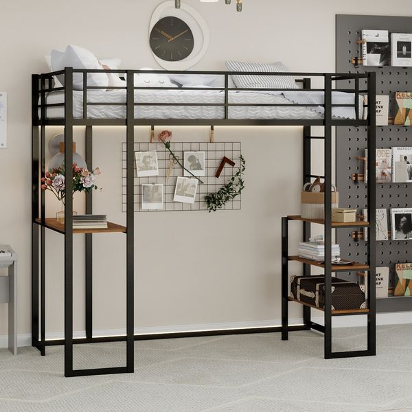 Eisenrahmenbett mit Bett und Tisch,Maße 90*190 cm, Kinder- und Jugendheimbett mit L-förmigem Schreibtisch, Eisenrahmenbett mit Geländer und Treppe, mit Treppe auf beiden Seiten beliebig platzierbar
