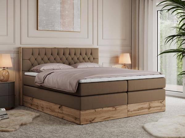 Boxspringbett AMORE KING, Doppelbett mit Multipocket-Matratze, Polsterbett mit Kopfstütze - 200x200 cm - Braun Kunstleder - H3