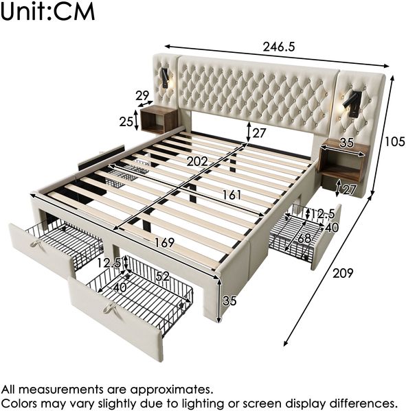 Merax Doppelbett 160×200 cm Schlafzimmer Komplett Set, Polsterbett mit 2 Nachttischen und 4 Schubladen, Kopfteil Leselicht mit USB Ladefunktion, Beige, Samt (Ohne Matratze)