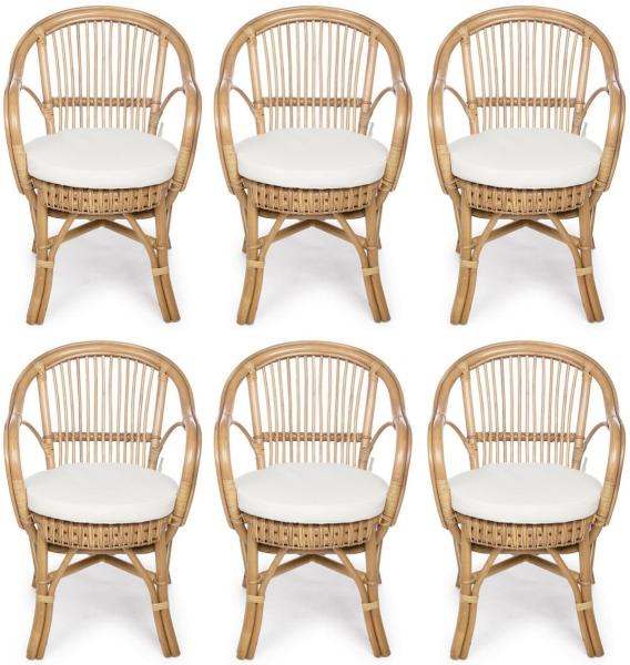 Casa Padrino Luxus Gartenstuhl 6er Set Naturfarben / Weiß 57x61 x H. 80 cm - Rattan Stühle mit Armlehnen und Sitzkissen - Moderne Rattan Garten & Terrassen Möbel