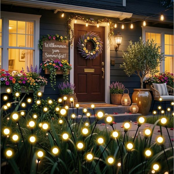 Norvéa Home LED Gartenleuchte Solar Glühwürmchen Gartenleuchten 4er Set 32 LED warmweiß, LED fest integriert, warmweiß, Glühwürmchen-Effekt, 8 Lichtmodi, automatische Dämmerungsfunktion