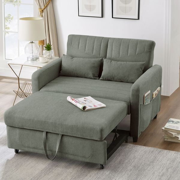 Schlafsofa mit Schlaffunktion, Baumwoll-Leinen-Stoff, 114 x 77 x 82,5 cm, Olivgrün
