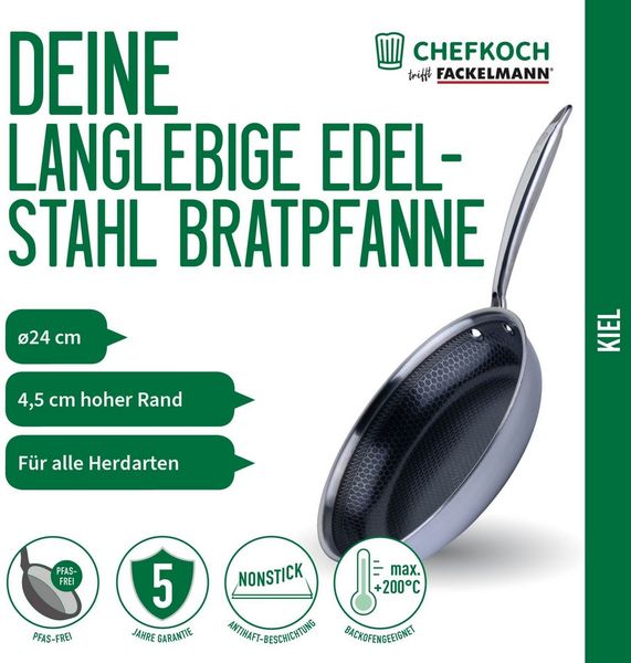 Chefkoch trifft Fackelmann Bratpfanne Tri-Ply, Ø 24 cm, Edelstahl, Induktion/- backofengeeignet