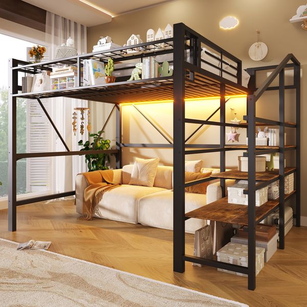 Merax Hochbett, 140 x 200 cm, Kinderbett, Jugendbett, Metallbett, Stufen-Ablageregal, Gitterelemente, Aufbewahrungskorb, offener Stauraum unter dem Bett,mit LED-Lichtleiste, Schwarz