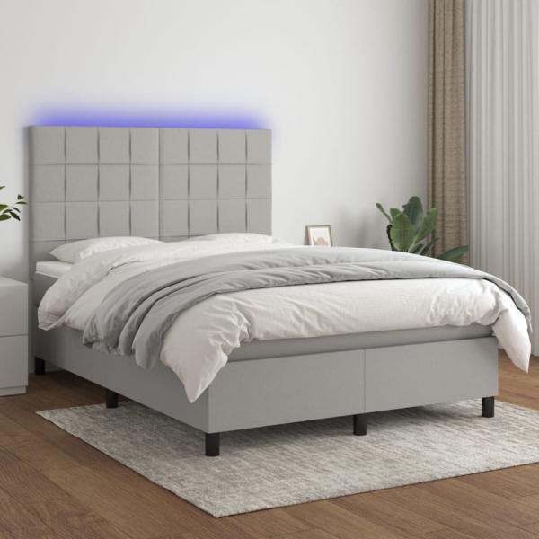 vidaXL Boxspringbett mit Matratze & LED Hellgrau 140x200 cm Stoff 3134877