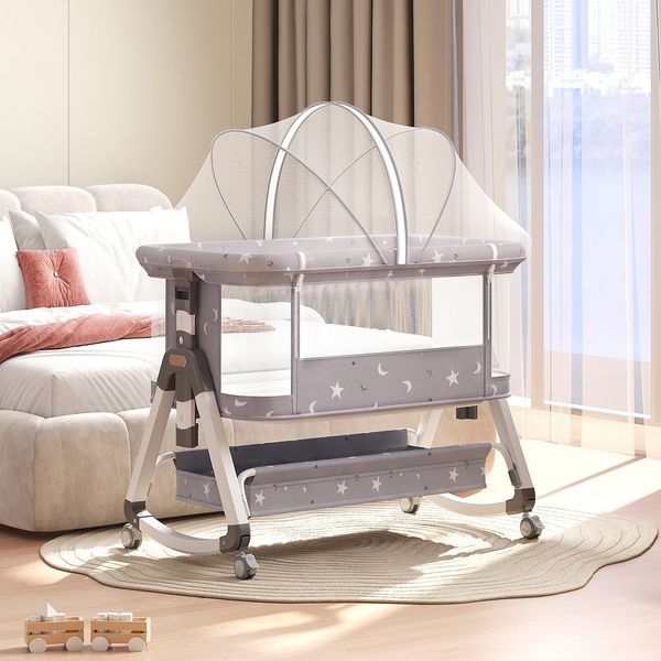 oyajia Beistellbett 3 in 1 Beistellbett Stubenwagen Babybett Baby Reisebett, 6-stufige Höhenverstellung, mit Rollen, Moskitonetz und Matratze