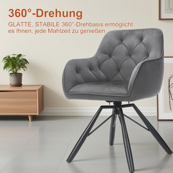 oyajia Polsterstuhl Esszimmerstuhl mit Armlehne Samt-Bezug Schwarz / Grau (360° drehbar · Federkern · Metall, 2 St)