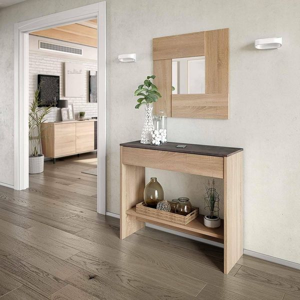 Dmora - Möbel für den Eingangsbereich Gilbert, Flur mit Spiegel, Schrank mit Schublade und Regal für den Eingang, Moderne Garderobe im Eingangsbereich, cm 92x33h149, Eiche und Nussbaum