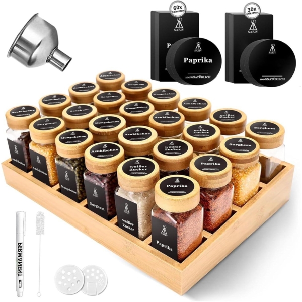 SAEIV Bambus Gewürzregal Gläsern 24 Gewürzgläser 180 Schwarzes Etikett