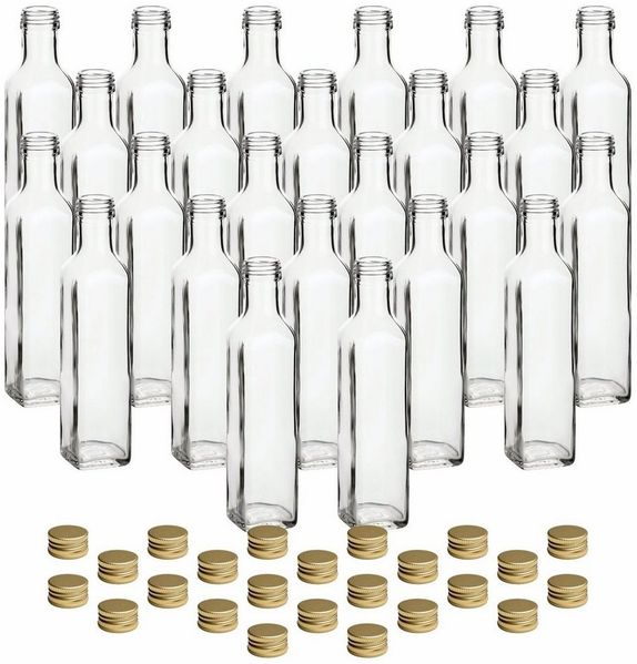 gouveo Trinkflasche Glasflaschen 250 ml Maraska mit Schraub-Deckel - Leere Likörflasche, 24er Set, goldfarben