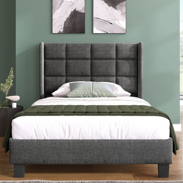 autolock Polsterbett Doppelbett Einzelbett mit seinem gepolstertes Kopfteil, Lattenrost (90x200 cm Ohne Matratze), Bettgestell mittelfest für Jugendliche, Kinder & Erwachsene, Leinen