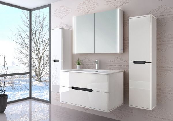 Homeline Badmöbel-Set Sky Badmoebel Set Schwarz Weiß Eiche Hochschglanz Spiegelschrank, (Spar Set, 5-St, Bad Möbel set besteht aus 5 Teilen), Spiegelschrank, Hochglanz