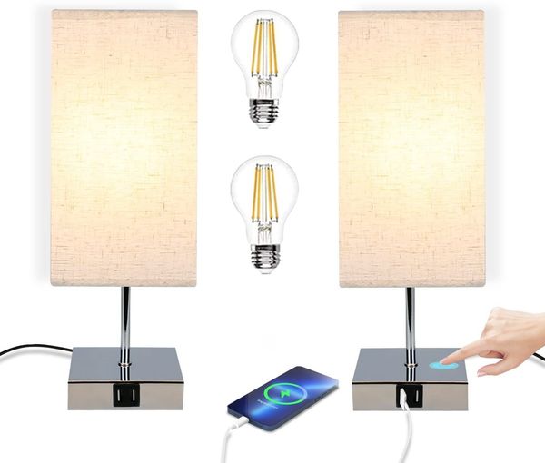 ZMH 2er set Nachttischlampe Touch: Modern Dimmbar Tischlampe mit USB Anschlüsse Schlafzimmer Nachttisch Lampe mit Ladefunktion Bettlampe mit Stoffschirm Tischleuchte E27 für Hotel Bett Büro Flur