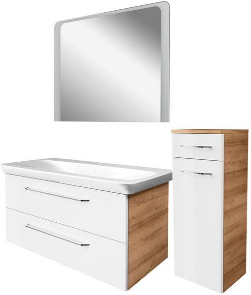 FACKELMANN MILANO Badmöbel Set 4-teilig 107 cm breit, Weiß/Braun hell, Waschbecken Keramik Weiß + LED Spiegel + Midischrank